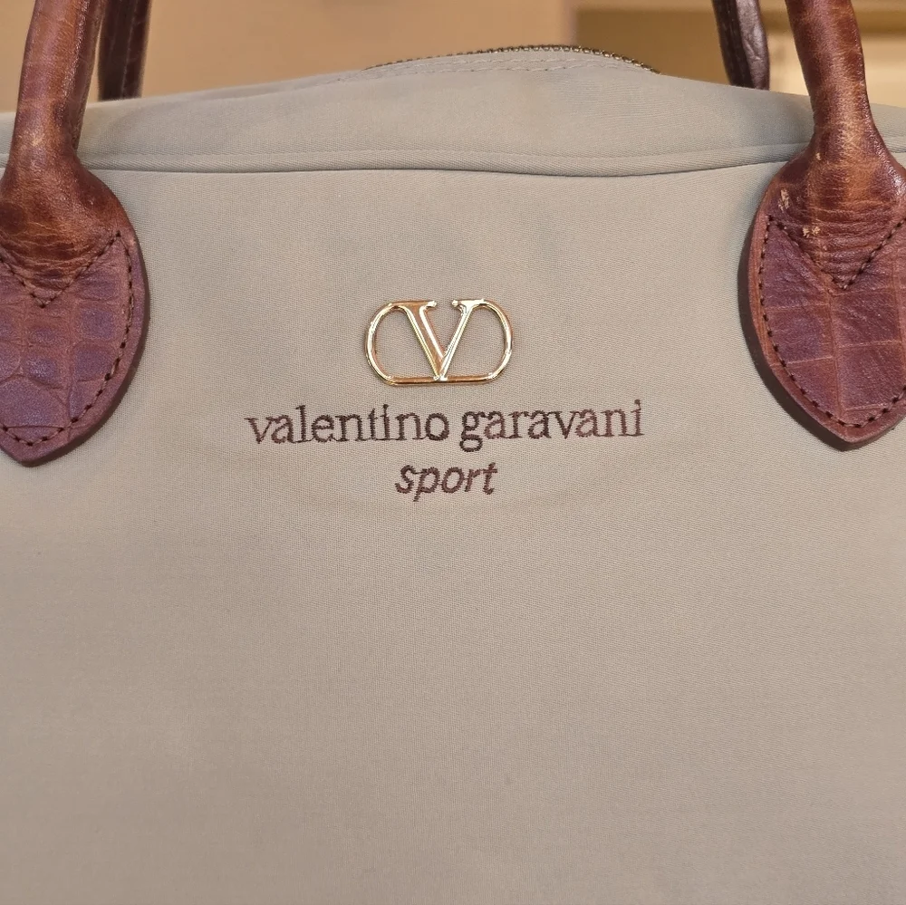 Valentino Garavani Sport Boston Khaki Brown Nylon Leather Trim Satchel
